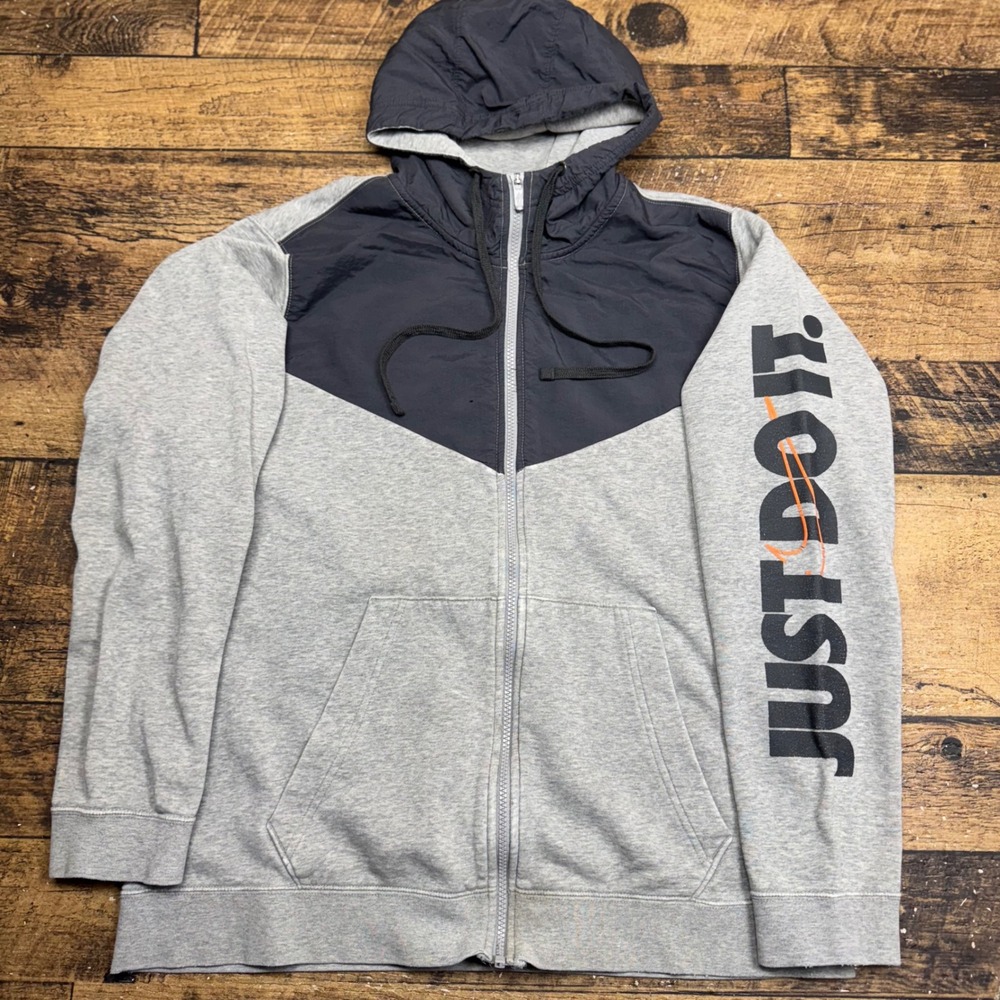 Nike Sportswear Men Large Full Zip Hoodie Therma Fit Gray Black‎ Just Do It Logo